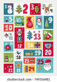 Vector Advent calendar. Illustration with decorations and numerals. Christmas theme.