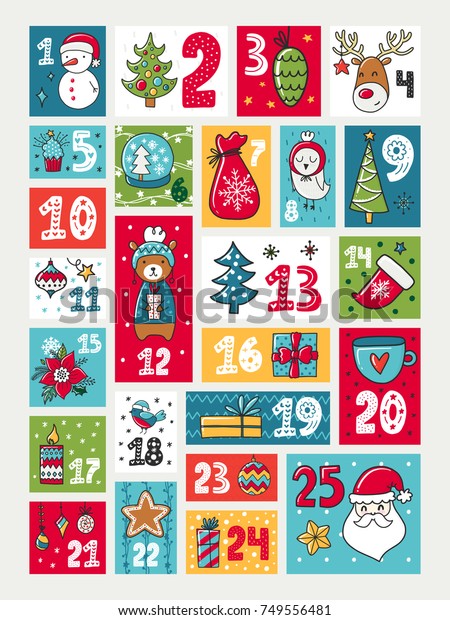 ベクター画像アドベントカレンダー 飾り付けと数字のイラスト クリスマスのテーマ のベクター画像素材 ロイヤリティフリー