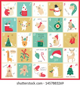 Vector Advent Christmas calendar with elements. Holiday card with funny animals and winter objects