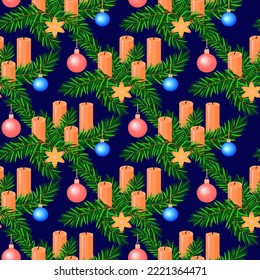 Vector - adventsdeco with candles and glassballs, seamless pattern.