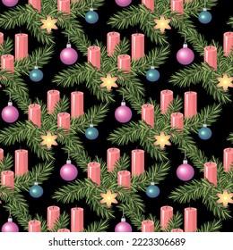 Vector - adventsdeco with candles and glassballs, seamless pattern.