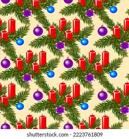 Vector - adventsdeco with candles and glassballs, seamless pattern.