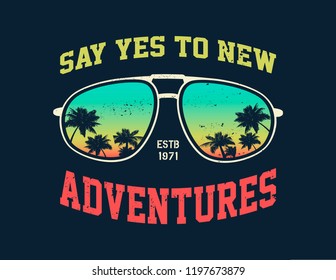 Vector Adventure graphic with sunglasses. Palm trees and sunset.