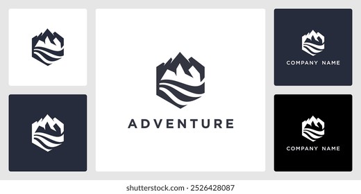 Vektor des Abenteuers, Sechseck, Berge und Wellen, Logo und Icon Design-Vorlage zur Verfügung, kann in verschiedenen Medien einfach verwendet werden, editierbar