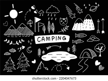 Vector - adventure holiday doodle set, outdoor or camping concept, hand drawing on black background, digital painting, camping or picnic elements.