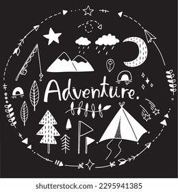 Vector - conjunto de doodle de vacaciones de aventura, concepto de exterior o camping, dibujo a mano sobre fondo negro, pintura digital, camping o elementos picnicos.