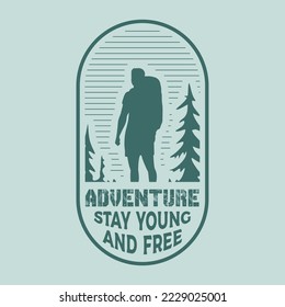 Vector adventure illustration with man in the circle shape for logo or outdoor t-shirt with vintage style.