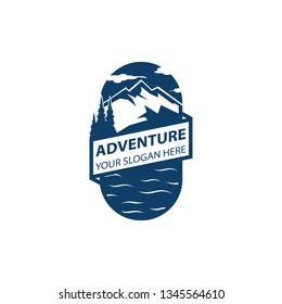Vector adventure, outdoor, explore and nature logo concept design. Adventure logotype with mountains, sky, clouds, trees and sea