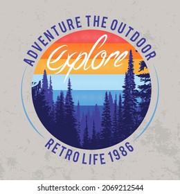 Vector Adventure outdoor outer stripe. Perfect for t-shirt prints, posters, and other uses. Vintage camping or tourism logo design, grange print stamp, creative typography emblem, 