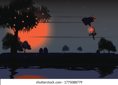 vector the adventure of thai style ghost girl.woman head is flying