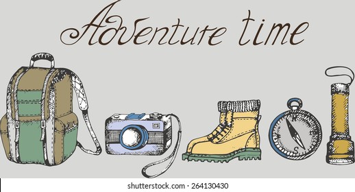 Vector adventure time items: camera, boots,  a backpack, hatchet, compass