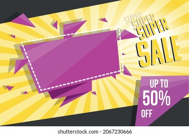Vector Advertisement Banner Empty Template. Big sale concept vector 3D flat attractive banner.  Add your own texts Super Sale Up to 50% off. New Year, Holidays and Special days festive banner template