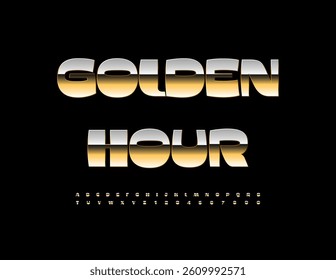 Vector Advertisement banner Golden Hour. Reflective Metallic Font. Trendy Stylish Alphabet Letters, Numbers and Symbols