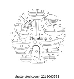 Vector advertisement for bathroom sanitary ware. Bath, washbasin, toilet, bidet, steal, shower and more. Vector illustration