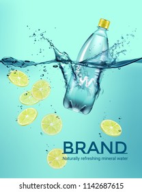 Vector advertisement campaign realistic illustration of bottle with drink and yellow sliced lemon falling in water with splash isolated on background