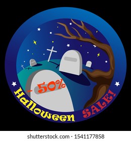Vector advertisement of Halloween sale with cartoon cemetery at night. Halloween sale icon. 
