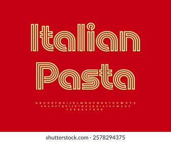 Vector Advertisement Italian Pasta. Exclusive Bright Font. Cool Artistic Alphabet Letters and Numbers.