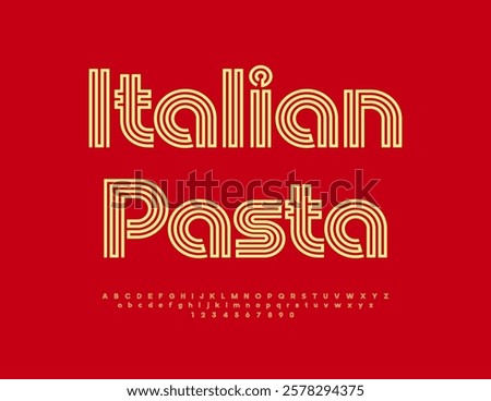 Vector Advertisement Italian Pasta. Exclusive Bright Font. Cool Artistic Alphabet Letters and Numbers.