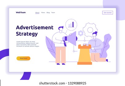 Diseño de banner de la página web de publicidad de vectores y estrategia de marketing con gente moderna de línea plana. Hombre y mujer sosteniendo la figura del ajedrez y la ilustración del megáfono.