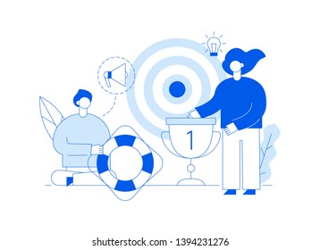 Vector advertisement and marketing strategy web page banner design template with big modern flat line people. Man and woman holding goblet and lifebuoy illustration.