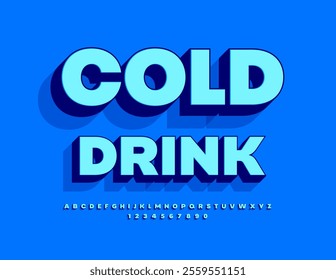 Vector advertising badge Cold Drink. Bright Blue 3D Font. Digital Isometric Alphabet Letters and Numbers set.