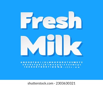 Vector advertising badge Fresh Milk. Paper style Font. Clean White Alphabet Letters, Numbers and Symbols set