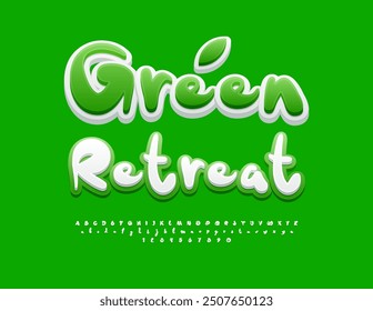 Vector advertising badge Green Retreat. Creative handwritten Font. Decorative Alphabet Letters and Numbers set. 