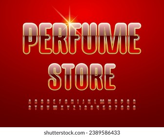 Señal de publicidad de vectores en la tienda Perfume. Fuente elegante roja y dorada. Letras y números de alfabeto de moda
