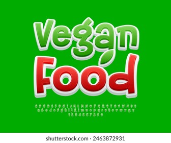 Vector advertising badge Vegan Food. Green Playful Font. Bright Artistic Letters and Numbers set. 