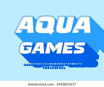 Anuncio de publicidad de Vector Aqua Juegos. Fuente de moda con sombra azul grande. Conjunto único de letras y números de alfabeto brillante.