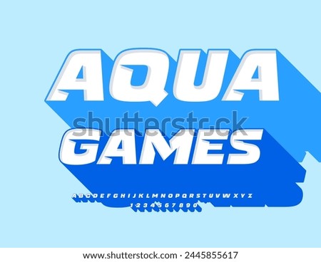 Vector advertising banner Aqua Games. Trendy Font with Big Blue Shadow. Unique Bright Alphabet Letters and Numbers set.