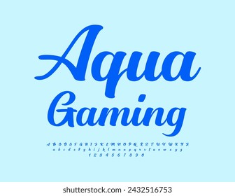 Vector advertising banner Aqua Gaming. Stylish Cursive Font. Modern Blue Alphabet Letters and Numbers set.