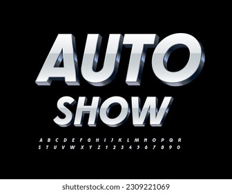 Vector advertising Banner Auto Show. White and Steel 3D Font. Trendy Alphabet Letters and Numbers. 