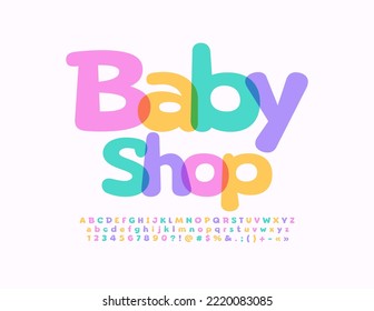 Banner de publicidad de vectores Baby Shop. Letra infantil brillante. Letras y números de alfabeto acuarela