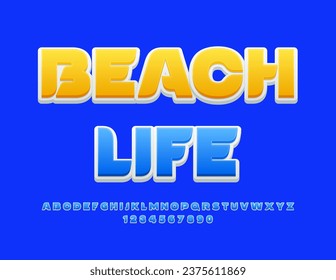 Banner publicitario vectorial Beach Life. Fuente azul en mayúsculas. Letras y números alfabéticos artísticos