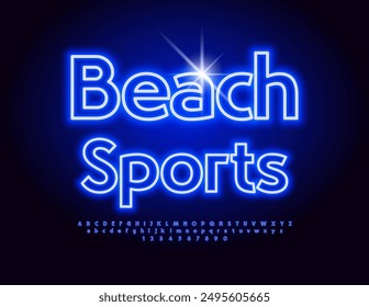 Vector advertising banner Beach Sports. Blue Neon Font. Bright Electric Alphabet Letters and Numbers set.