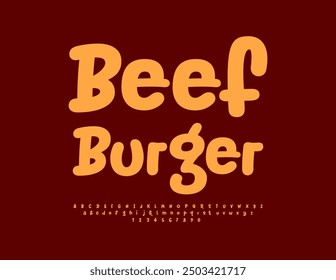 Vector advertising  banner Beef Burger. Funny Bright Font. Modern handwritten Alphabet Letters and Numbers set.