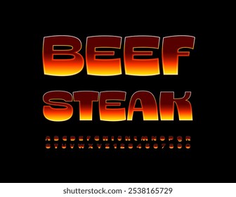 Vector advertising banner Beef Steak. Bright Flaming Font. Burning Alphabet Letters and Numbers set. 