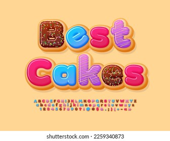 Vector advertising banner Best Cakes with colorful delicious Font. Set of glazed donuts style Alphabet Letters, Numbers and Symbols