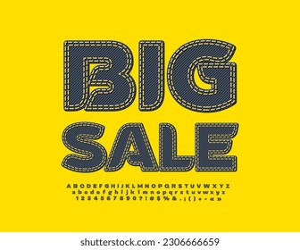 Vektorwerbung Banner Big Sale Black Jeans Font. Alphabet-Denim-Buchstaben und -Zahlen mit Sticken