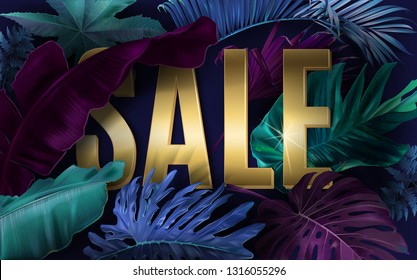 Vector advertising banner with bright color tropical leaves and gold SALE letters. Exotic botany design for woman health care product discount, cosmetics, spa, perfume season offer