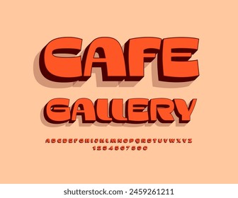 Vector de publicidad Anuncio Cafe Galería. Fuente roja 3D elegante. Juego de moda de letras y números únicos del alfabeto.