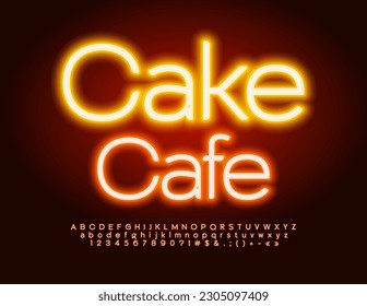 Vector advertising Banner Cake Cafe. Bright Neon Font. Modern Glowing Alphabet Letters and Numbers