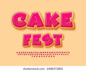 Vector advertising banner Cake Fest. Tasty Donut style Font. Funny Sweet Alphabet Letters and Numbers set.