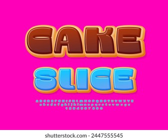 Vector advertising banner Cake Slice. Tasty Donut Font. Sweet Alphabet Letters and Numbers set.