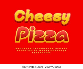 Vector advertising banner Cheesy Pizza. Bright Creative Font. Funny Alphabet Letters and Numbers set