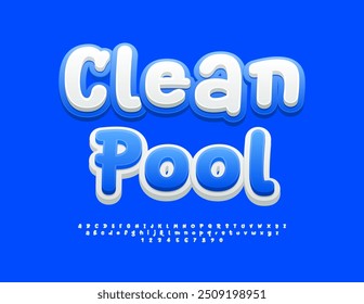 Vector de publicidad Anuncio Clean Pool. Fuente blanca y azul brillante. Conjunto de letras y números de alfabeto divertido.