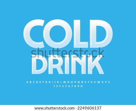 Vector advertising banner Cold Drinks. Elegant Glossy Font. Stylish White Alphabet Letters and Numbers.