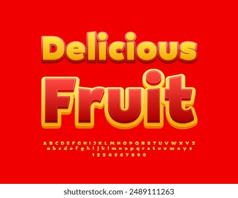 Anuncio de publicidad de Vector Delicious Fruit. Fuente 3D artística. Conjunto de letras y números de alfabeto amarillo y rojo brillante.