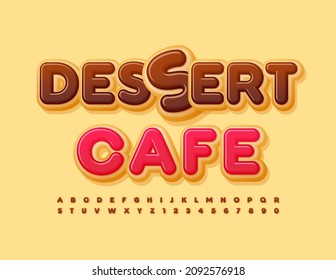 Cartel publicitario vectorial Dessert Cafe. Fuente de donut de chocolate. Letras y números de alfabeto creativos